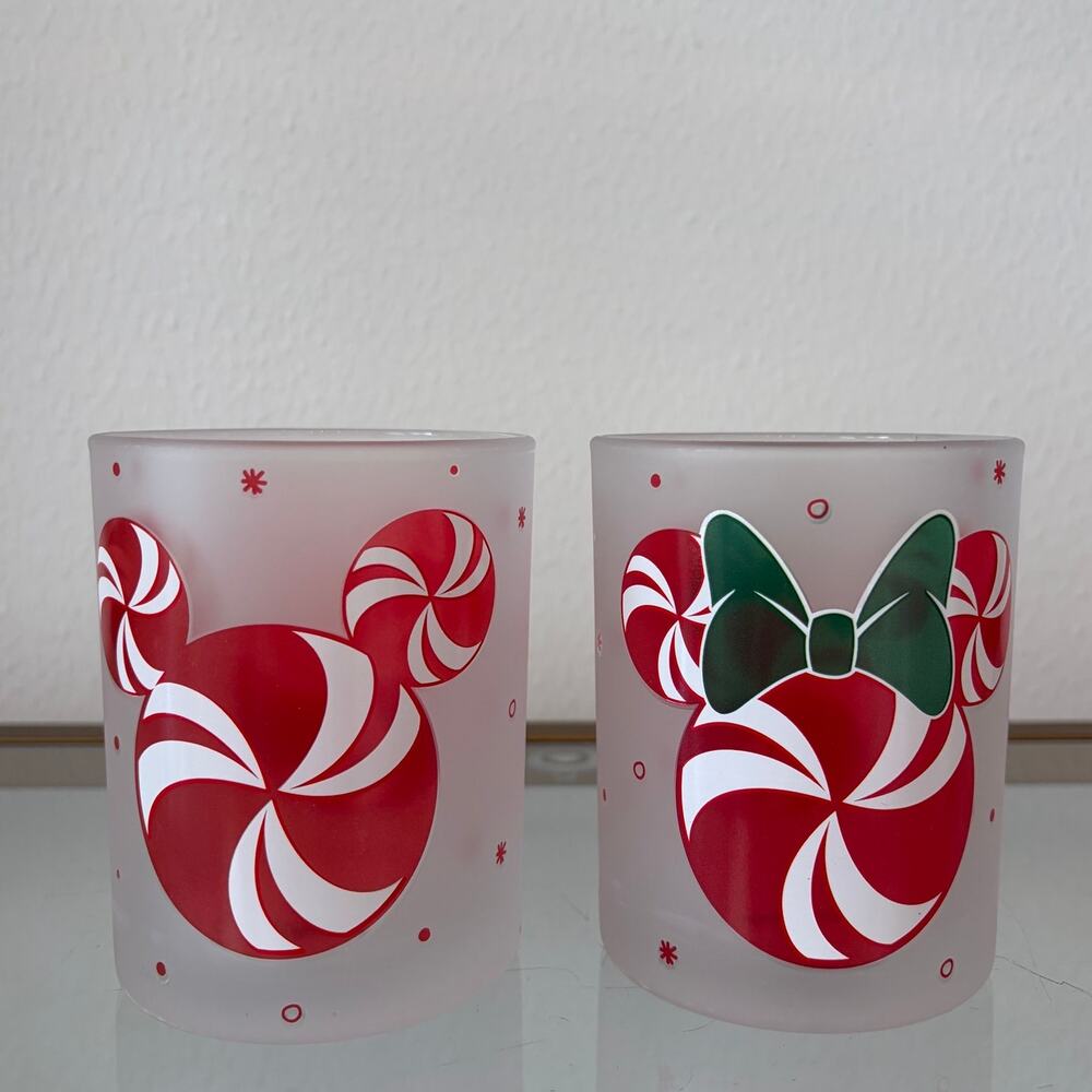 Disney Mickey & Minnie Peppermint Icon Frosted Glass Set of 2 Holiday NEW